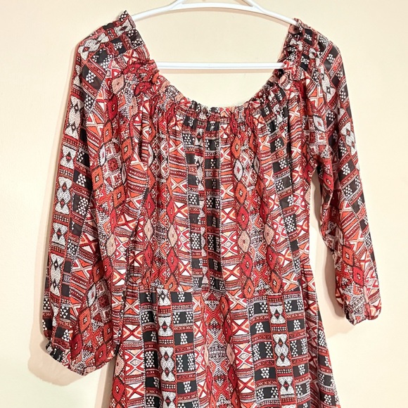 BB Dakota Red and Black Tribal Print Ruffled Trim Sundress w Smock Elastic Waist - Picture 9 of 16